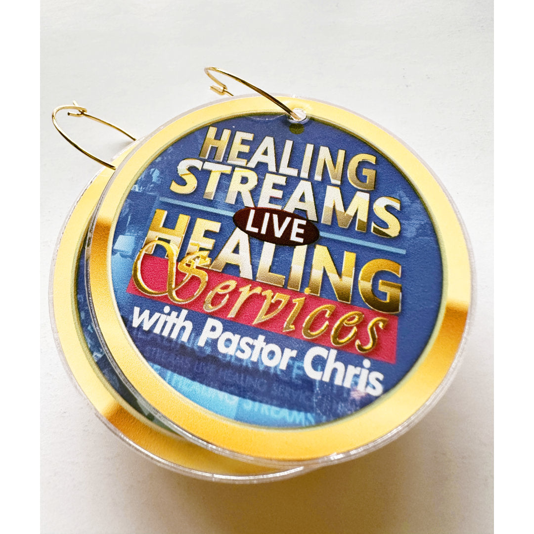 A pair of gold hoop fastening earrings featuring the Healing Streams with Pastor Chris logo on a white background.
