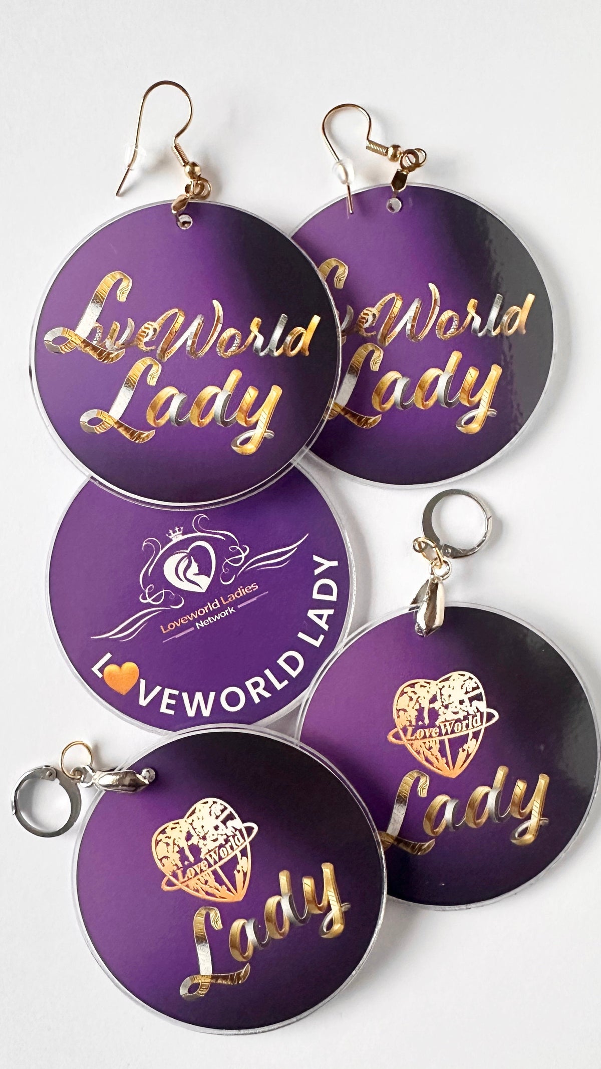 Three designs of Loveworld Ladies Network LLN promo and publicity earrings