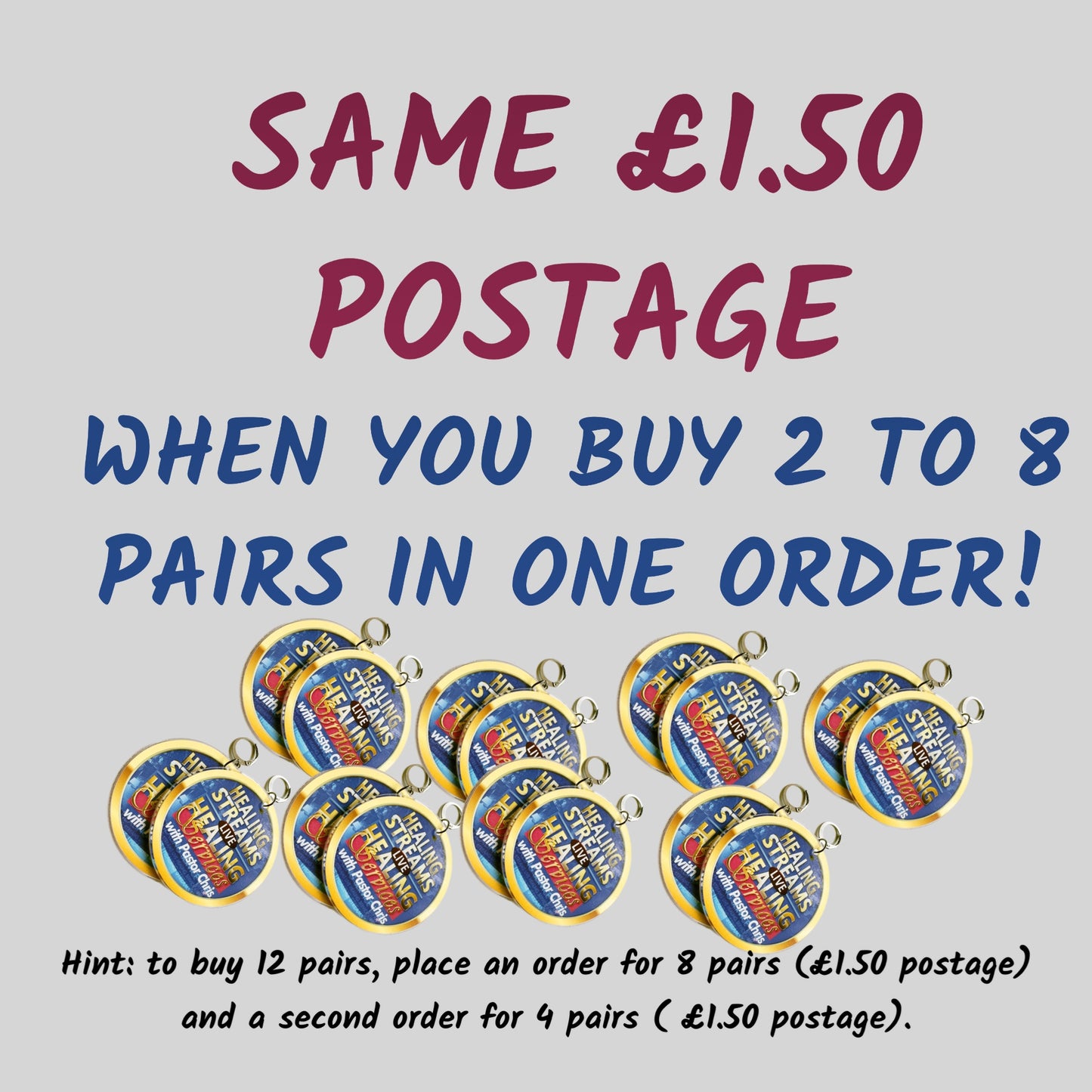 Promotional graphic with text about postage costs for purchasing earrings, featuring multiple pairs of earrings on a light gray background.
