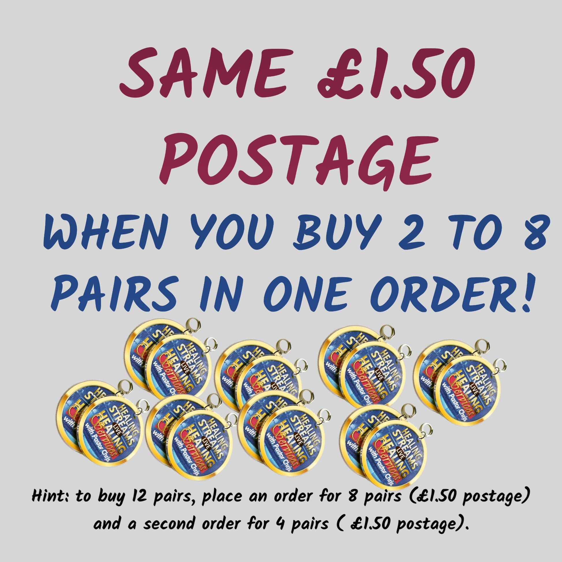 Promotional graphic with text about postage costs for purchasing earrings, featuring multiple pairs of earrings on a light gray background.
